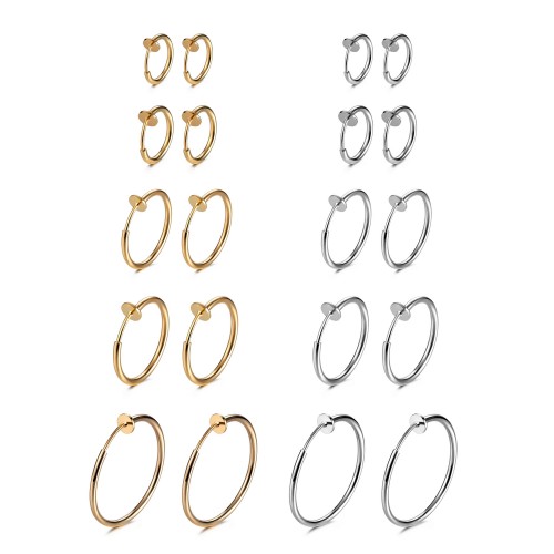 Evevil 10 Pairs Clip On Earrings Fake Earrings Hypoallergenic Non-Piercing Clip On Hoops Earrings, Steel Plated & Gold Plated Color 