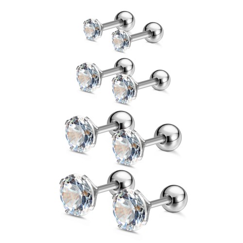Charisma Steel 3-4-5-6mm Cartilage Stud Earrings For Women Screw Back Earrings Cubic Zirconia Helix Tragus Barbell 4 Pair Set