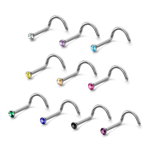 Charisma 10pcs 20G 3.0mm Colored Stainless Steel Nose Studs Bone Crystals Nose Screws Rings Curved Hypoallergenic Body Nose Piercings 