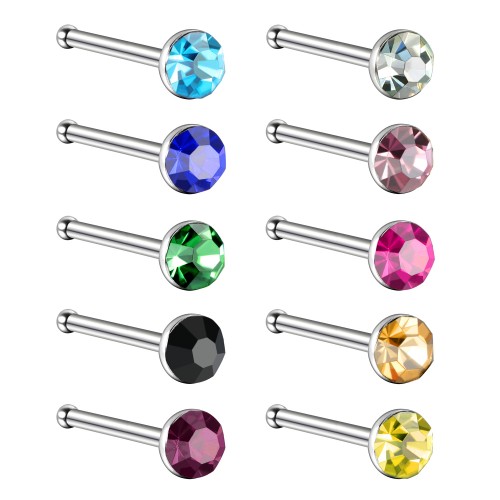 Charisma 10pcs 20G 3.0mm Straight Colored Nose Rings Studs Stainless Steel Nose Studs Bone Crystals Hypoallergenic Body Nose Piercings 