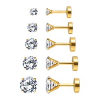Charisma 16G 5 Pairs Gold Plated Stainless Steel Cartilage Earrings Clear Cubic Zirconia Stud Screw Back Earrings For Women Piercing Helix Barbell Tragus, 3mm-7mm 