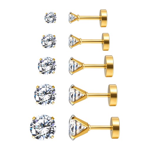 Charisma 16G 5 Pairs Gold Plated Stainless Steel Cartilage Earrings Clear Cubic Zirconia Stud Screw Back Earrings For Women Piercing Helix Barbell Tragus, 3mm-7mm 