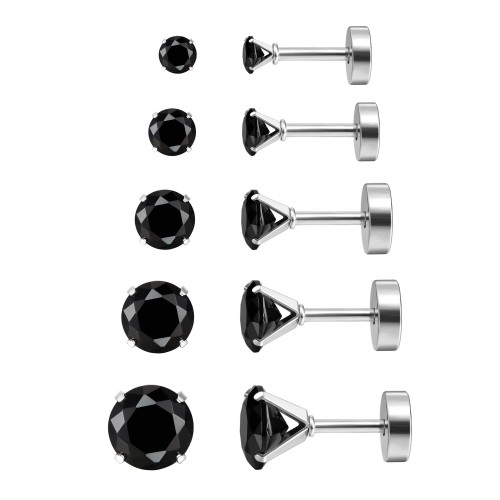 Charisma 16G 5 Pairs Steel Color Stainless Steel Cartilage Earrings Black Cubic Zirconia Stud Screw Back Earrings For Women Piercing Helix Barbell Tragus, 3mm-7mm 
