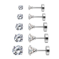 Charisma 16G 5 Pairs Steel Color Stainless Steel Cartilage Earrings Clear Cubic Zirconia Stud Screw Back Earrings For Women Piercing Helix Barbell Tragus, 3mm-7mm 
