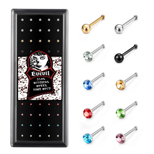 Evevil 60pcs 22G Nose Studs Rings Stainless Steel Colored Crystal Ball Shape Nose Studs Bone Hypoallergenic Piercing Jewelry Box Set