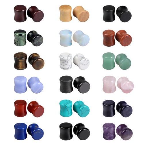 Evevil Wood Mixed Stone Plugs 18 Pairs/36 Pieces Set 00g 10mm Ear Plugs Ear Tunnels Ear Gauges Double Flared Ear Expander Stretcher Set