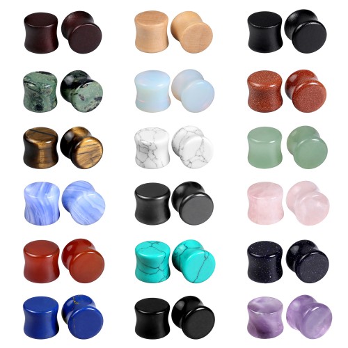 Evevil Wood Mixed Stone Plugs 18 Pairs/36 Pieces Set 0g 8mm Ear Plugs Ear Tunnels Ear Gauges Double Flared Ear Expander Stretcher Set