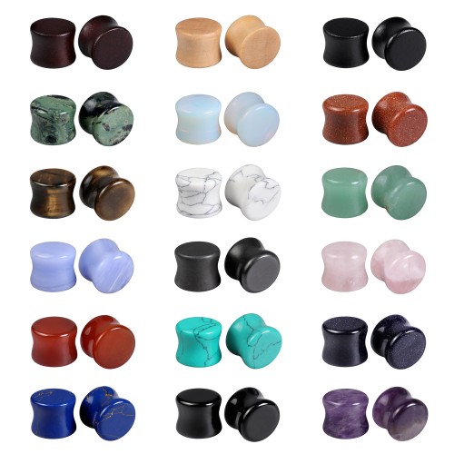 Evevil Wood Mixed Stone Plugs 18 Pairs/36 Pieces Set 1/2" 12mm Ear Plugs Ear Tunnels Ear Gauges Double Flared Ear Expander Stretcher Set