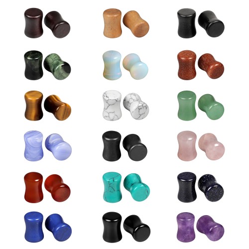 Evevil Wood Mixed Stone Plugs 18 Pairs/36 Pieces Set 2g 6mm Ear Plugs Ear Tunnels Ear Gauges Double Flared Ear Expander Stretcher Set